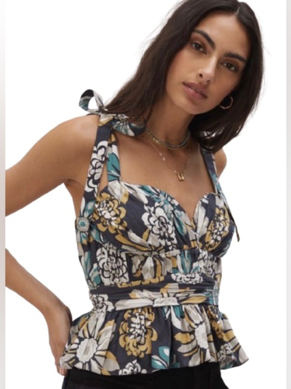 NWT Anthropologie Forever That Girl Navy Floral Ruched Sweetheart Cami Size S